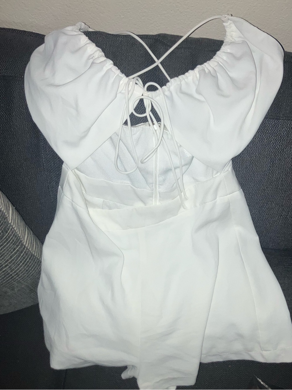 superdown White Puff Sleeve Tie-Back Romper with Crossed Straps